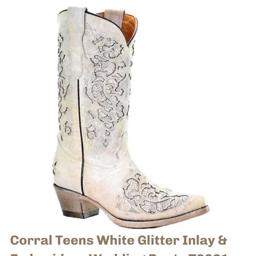 Corral Teens White Glitter Inlay Western Boots Size 2 Little Kid